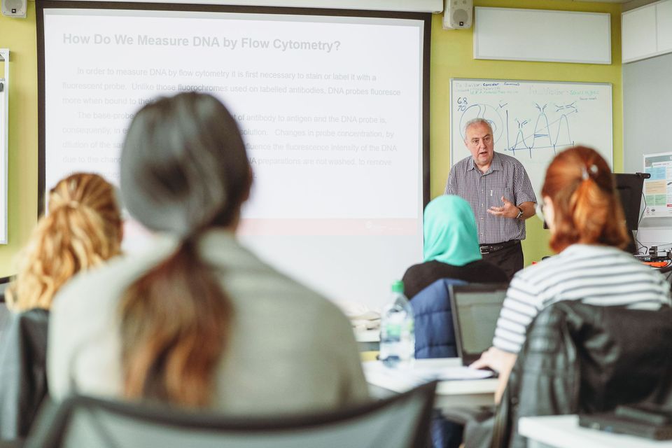 A lecturer is presenting information on measuring DNA by flow cytometry to a group of students in a classroom setting.