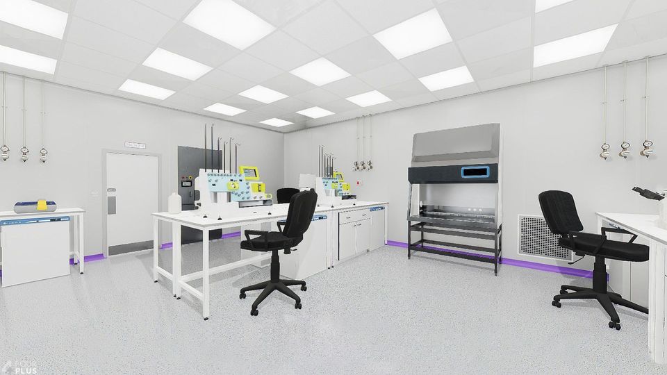 The image depicts a clean, well-lit laboratory equipped with workstations, chairs, scientific equipment, and a fume hood.