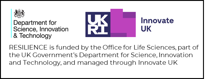 The image contains logos and text indicating that the RESILIENCE project is funded by the Office for Life Sciences, within the UK Department for Science, Innovation and Technology, and managed through Innovate UK. The image contains logos and text indicating that the RESILIENCE project is funded by the Office for Life Sciences, within the UK Department for Science, Innovation and Technology, and managed through Innovate UK.